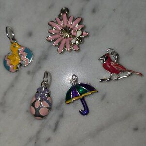 Spring Charm Lot Easter Flower Umbrella Bird Enamel Pendant Set 5